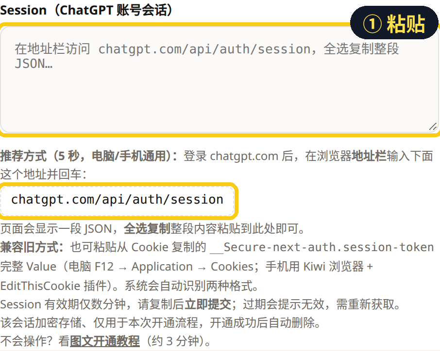 Session 填写框与获取指引真实截图